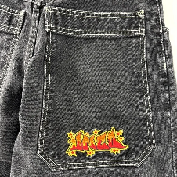 Vintage 90s JNCO Flame Jeans Black 28" Waist Baggy Wide Leg Crush City - Picture 4 of 15